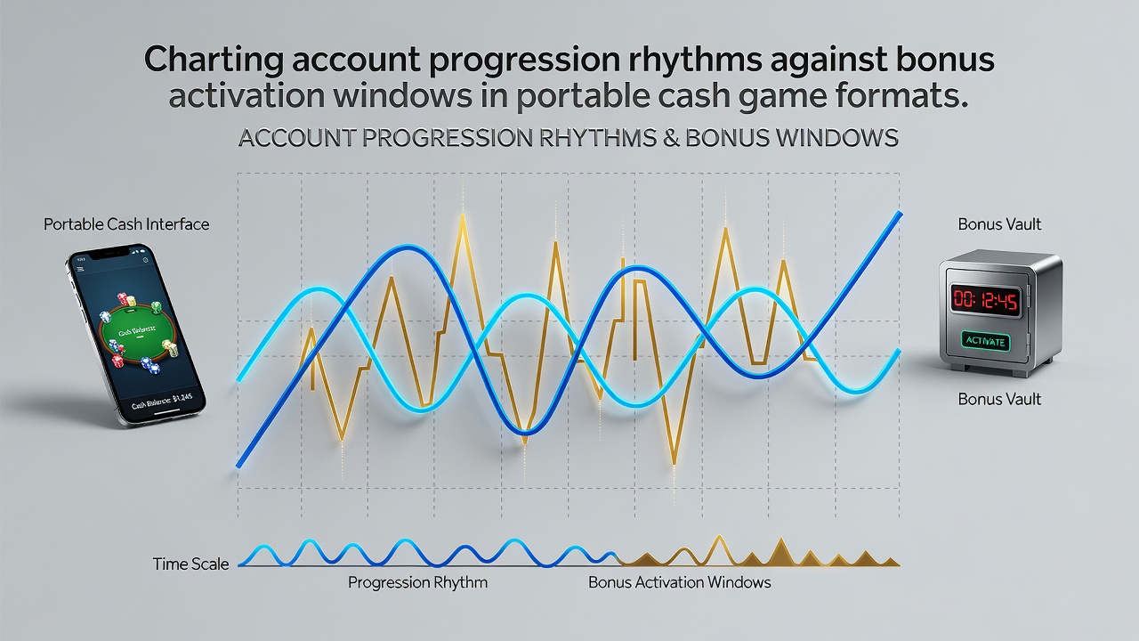 Mobile poker app interface showing account progression metrics and bonus activation timelines
