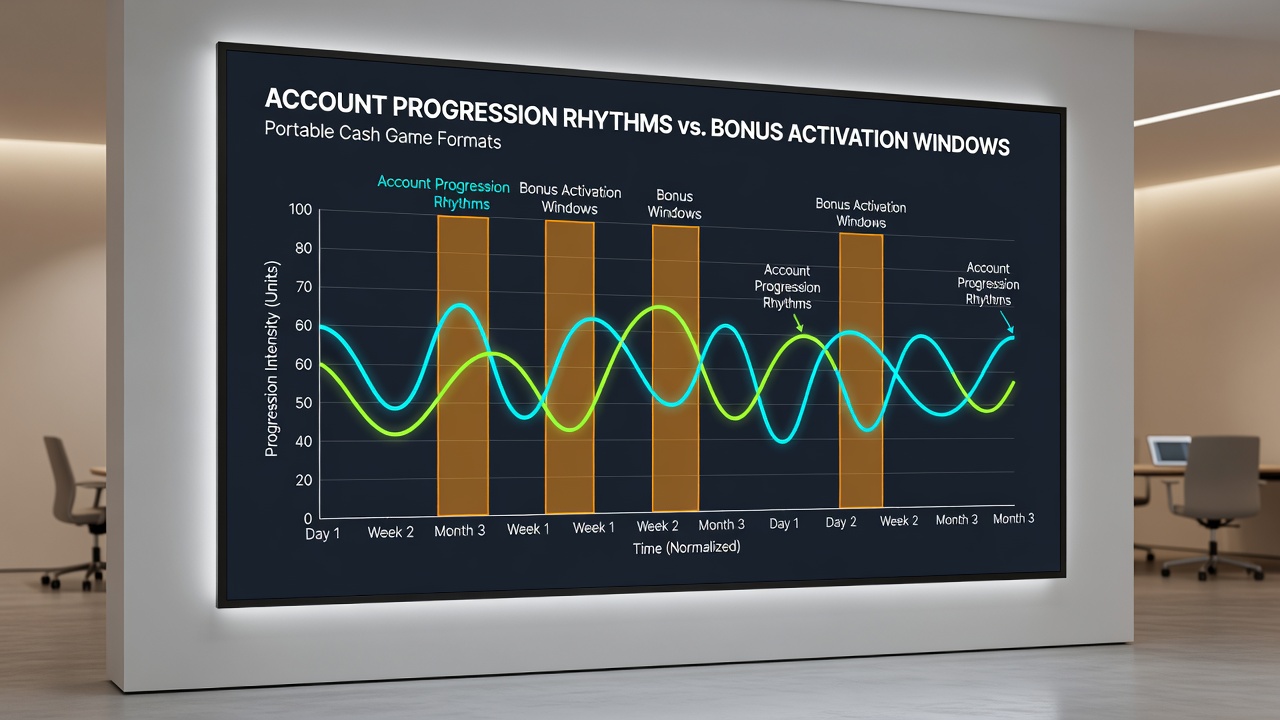 Data visualization chart mapping account progression curves to bonus activation periods in mobile cash games