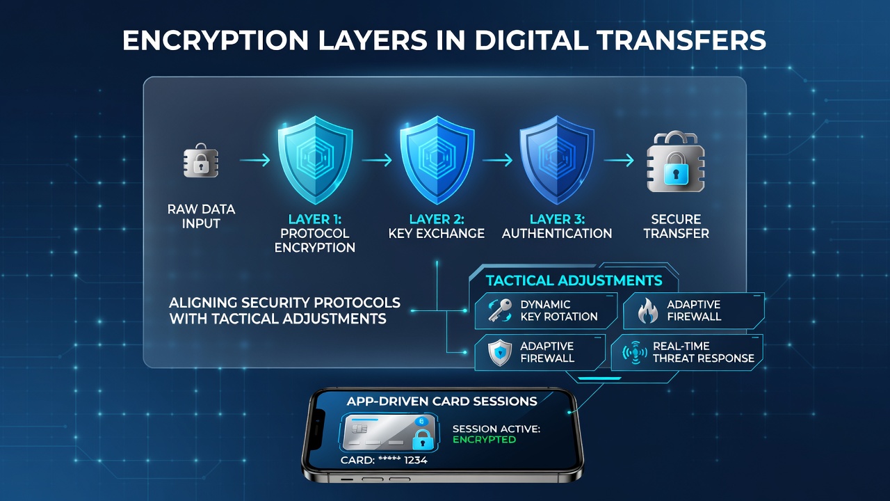 Diagram showing layered encryption protocols protecting data transfers in mobile card gaming applications