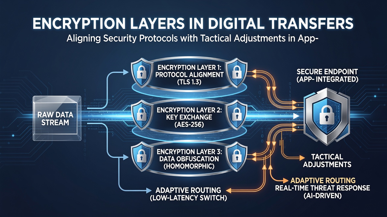 Illustration of secure data flow between mobile devices and gaming servers using layered encryption
