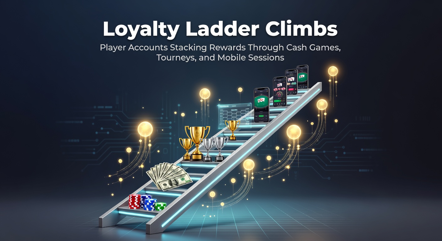 Illustration of a poker player climbing a loyalty ladder with icons representing cash games, tournaments, and mobile devices stacking reward chips
