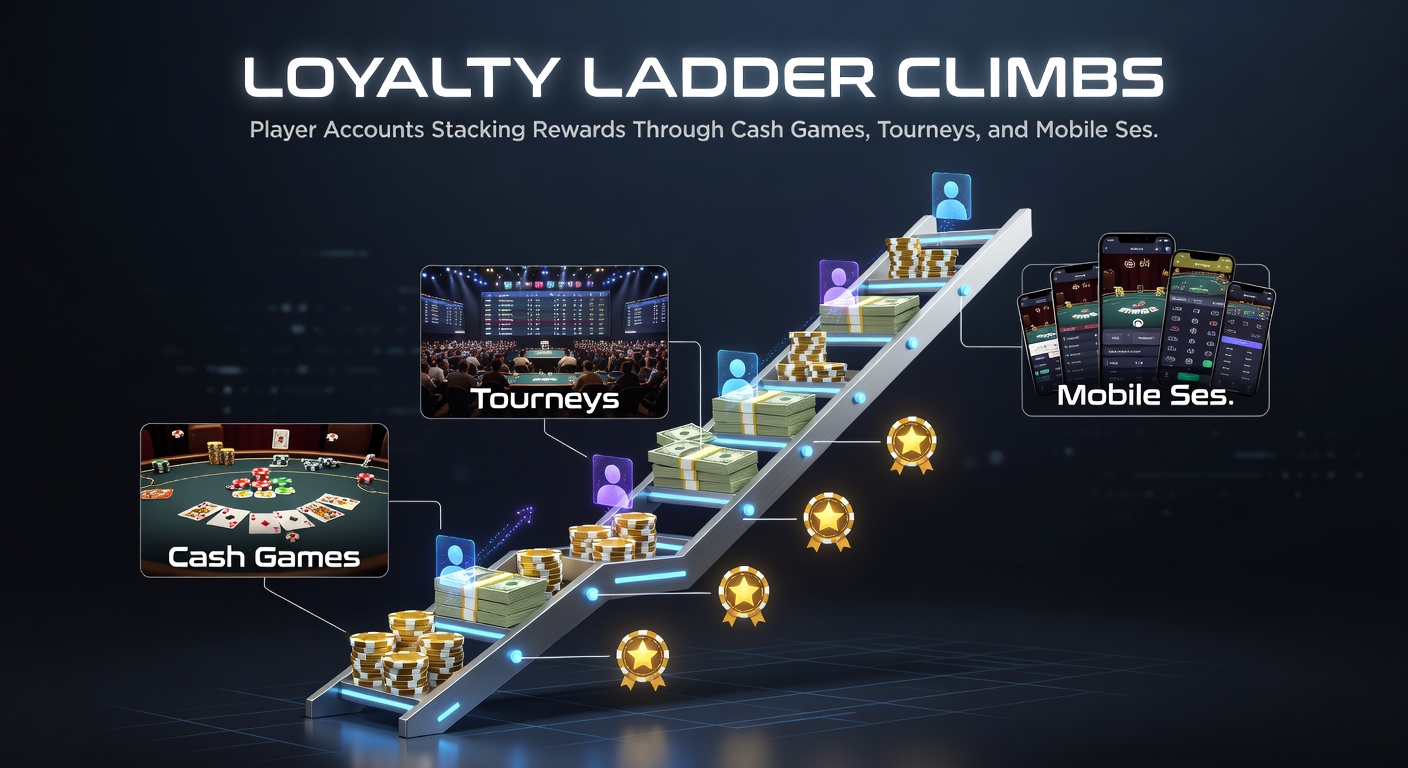 Screenshot of a poker app dashboard displaying loyalty points from combined cash, tourney, and mobile activity with a progress bar nearing the next tier