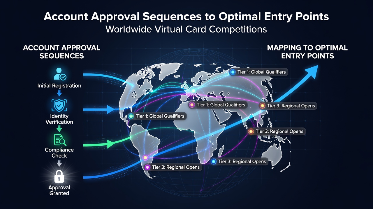 Global virtual card competition platforms showing account approval timelines and entry point dashboards