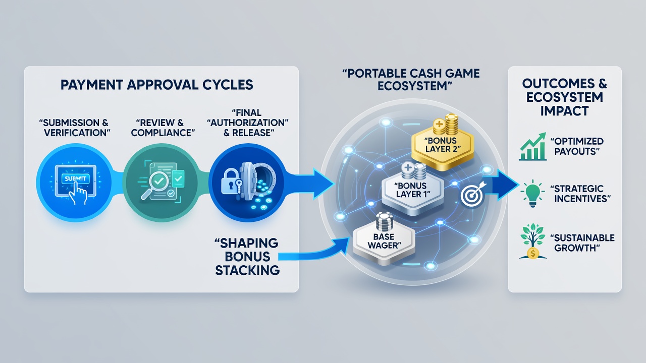 Diagram showing how approval stages connect to layered bonus activation in handheld poker applications