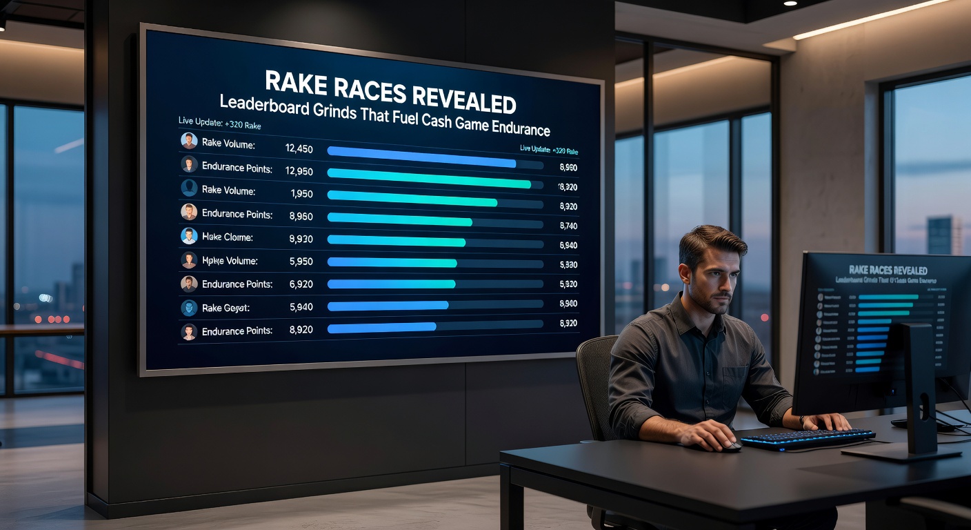 Close-up of a multi-table poker setup during a rake race, showing leaderboards and hand histories