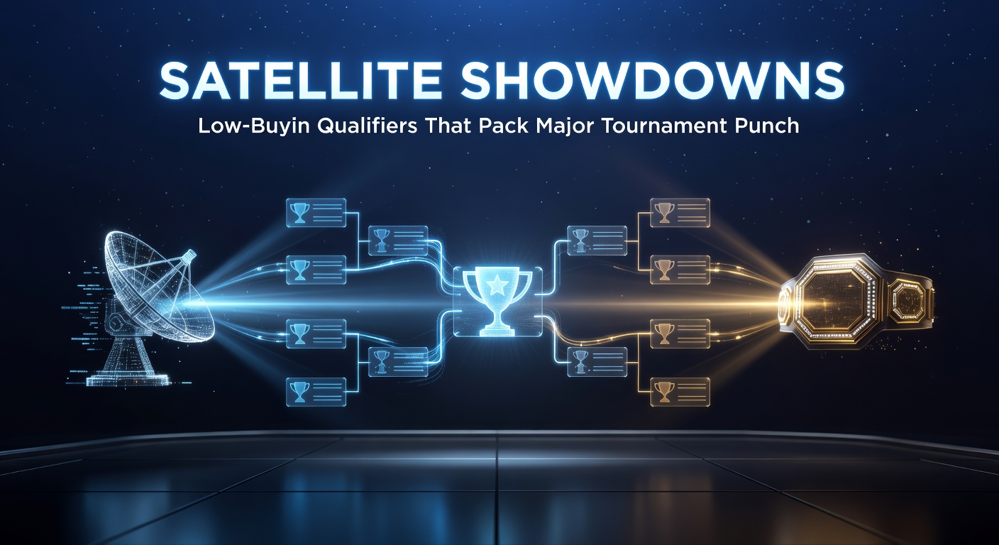 Players huddled around poker tables during a tense satellite qualifier, chips stacked high as the final table looms