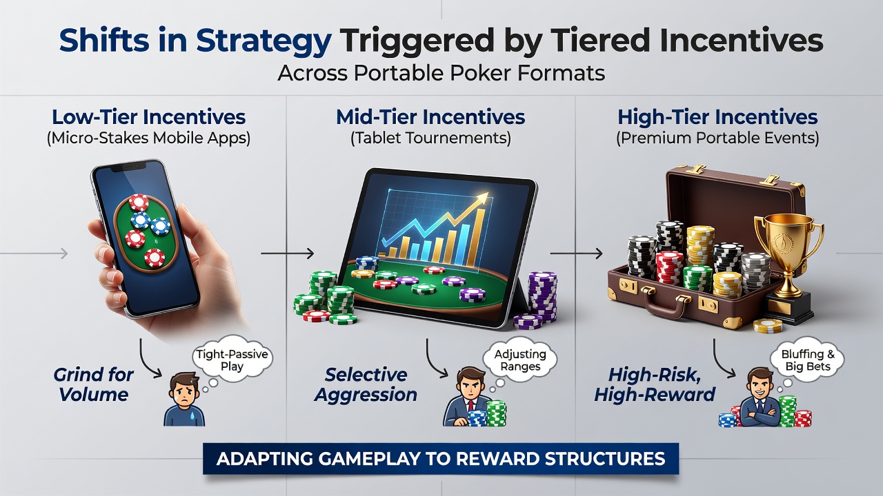 Mobile poker players reviewing tiered reward structures on handheld devices during evening sessions