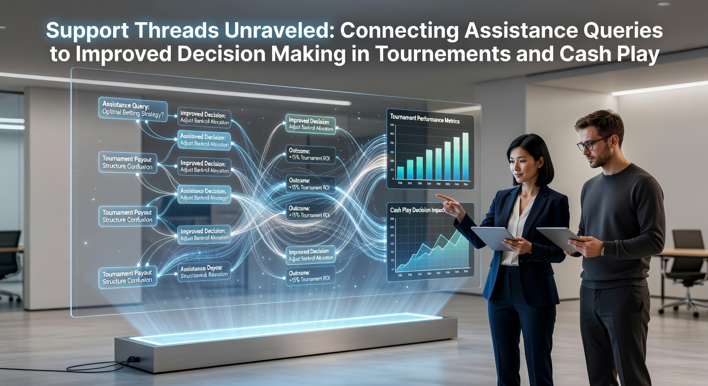 Online poker support interface showing a player query thread about tournament structures and decision strategies