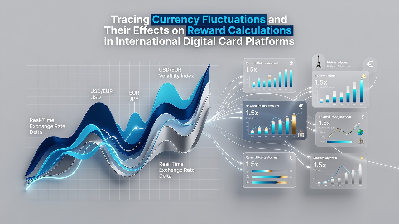 Digital card platform interface displaying multi-currency reward calculations and exchange rate indicators