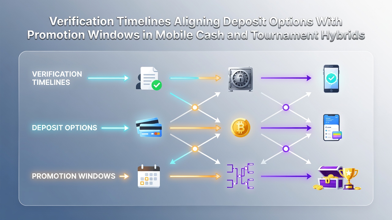 Mobile gaming interface displaying deposit verification steps alongside active promotion timers in a hybrid cash and tournament app