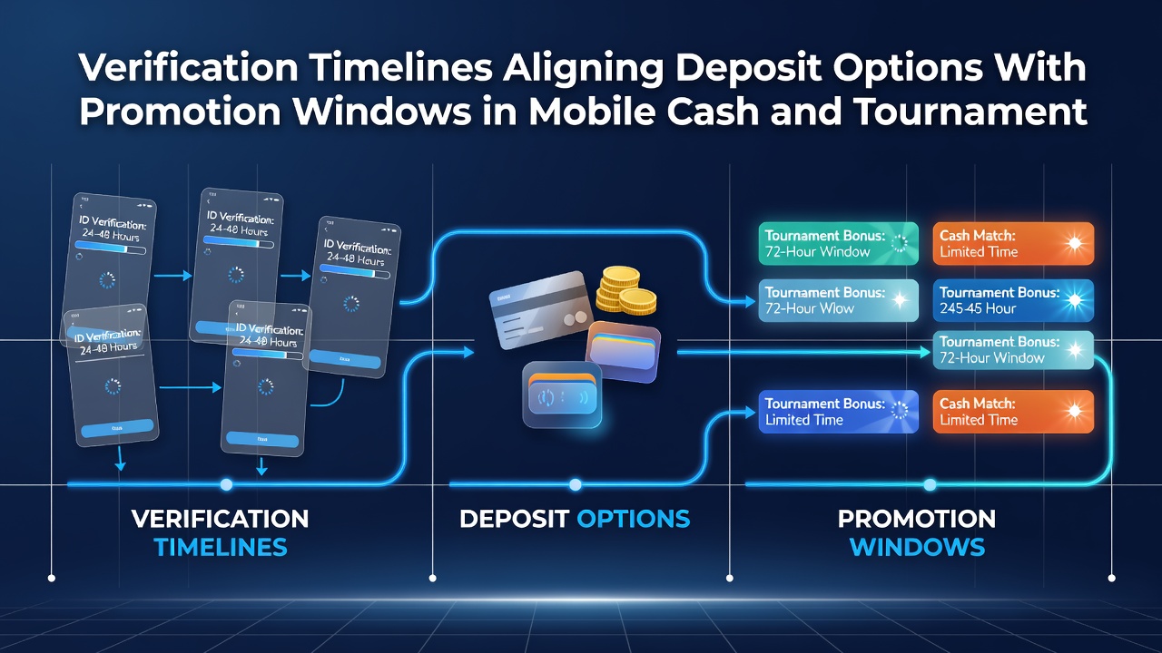 Timeline graphic illustrating deposit options, verification stages, and overlapping promotion windows in a mobile hybrid gaming platform